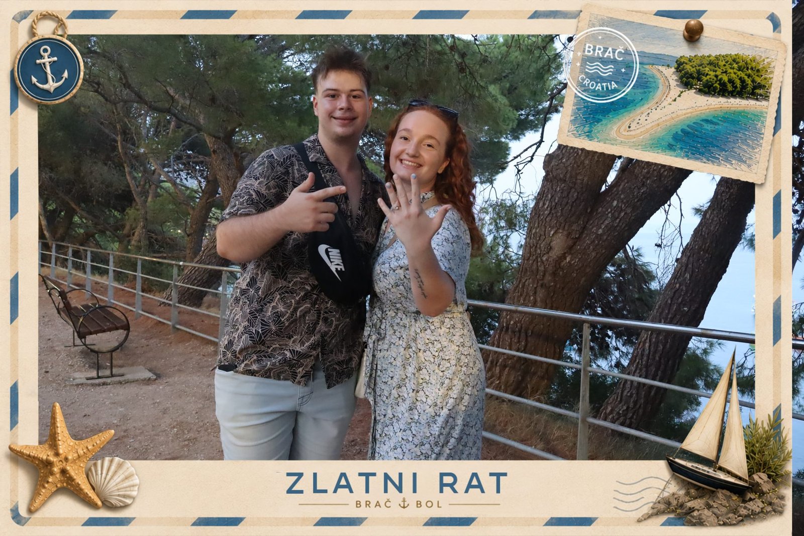 Engagement photo on the Zlatni Rat promenade inside the custom postcard frame