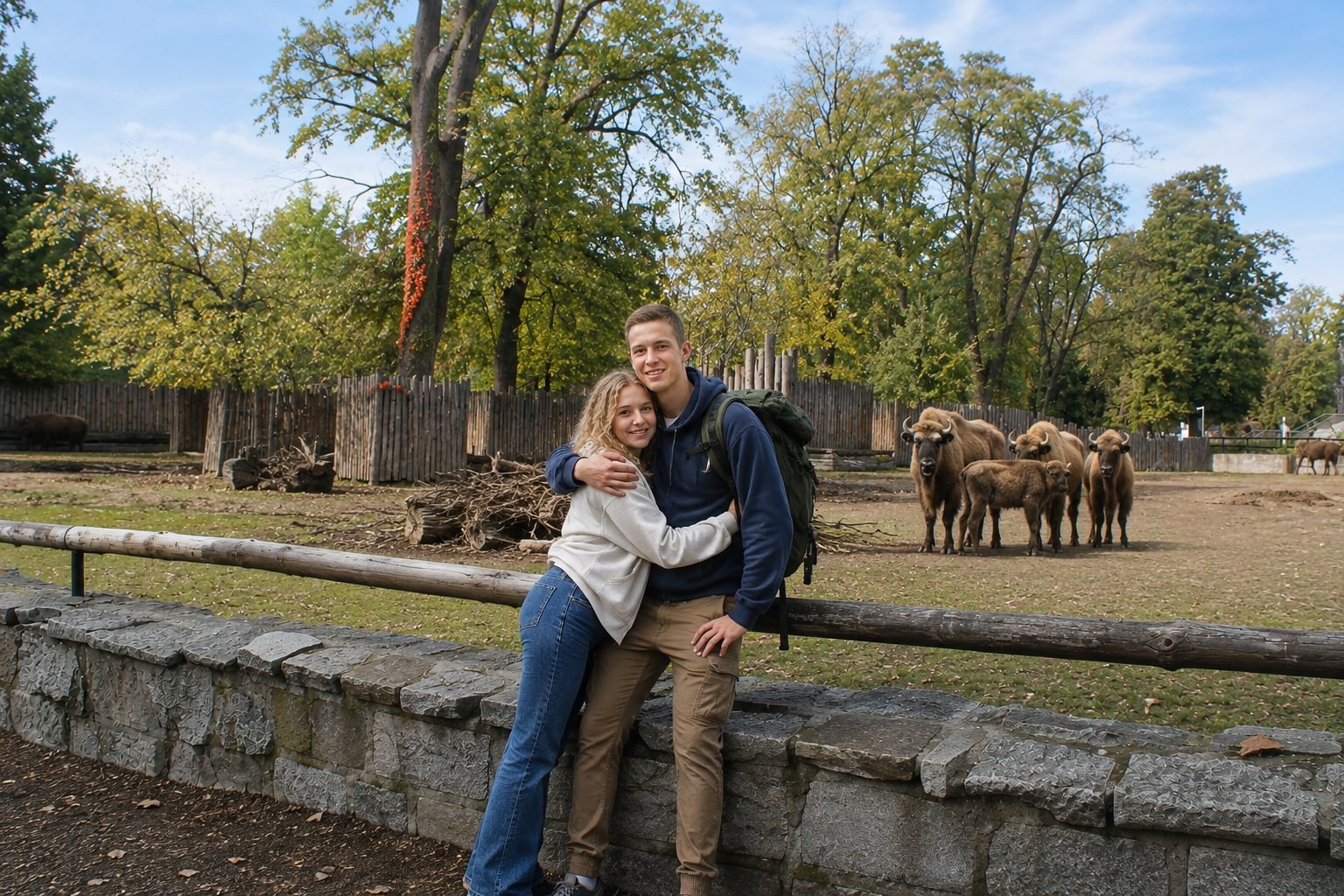 Couple photographed by Look@ in front of the European bison enclosure