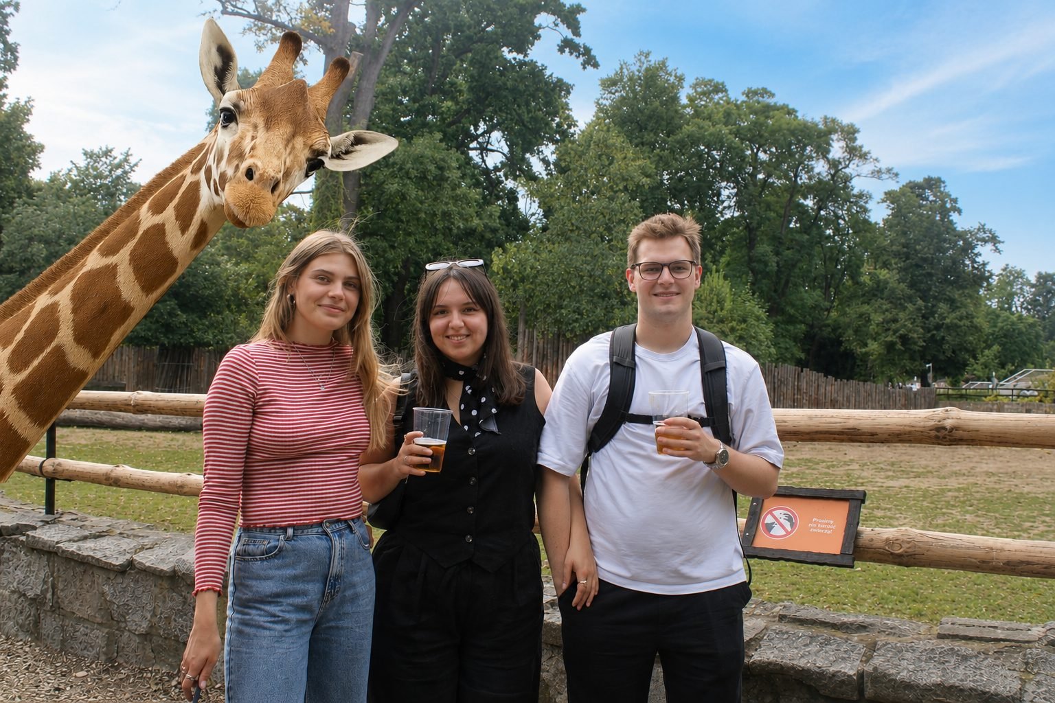 Visitors at ZOO Wrocław posing with an AR giraffe leaning into their photo