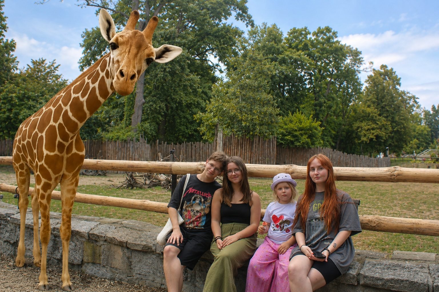 Family posing with an AR giraffe at ZOO Wroclaw