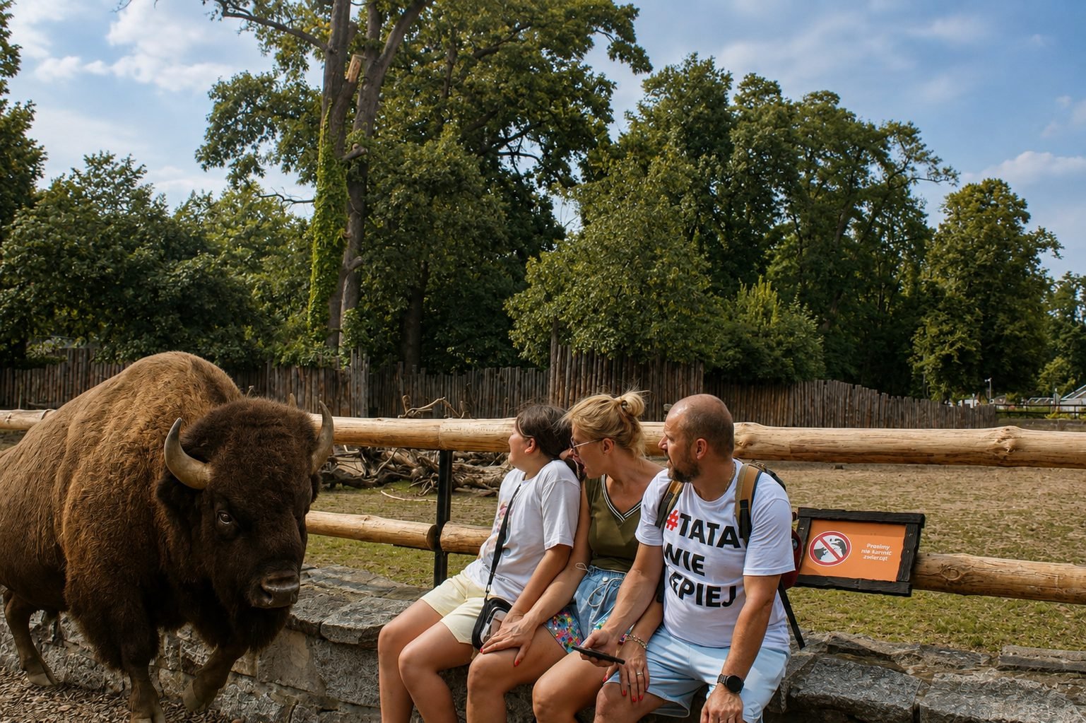 Visitors photographed with an AR bison joining their group
