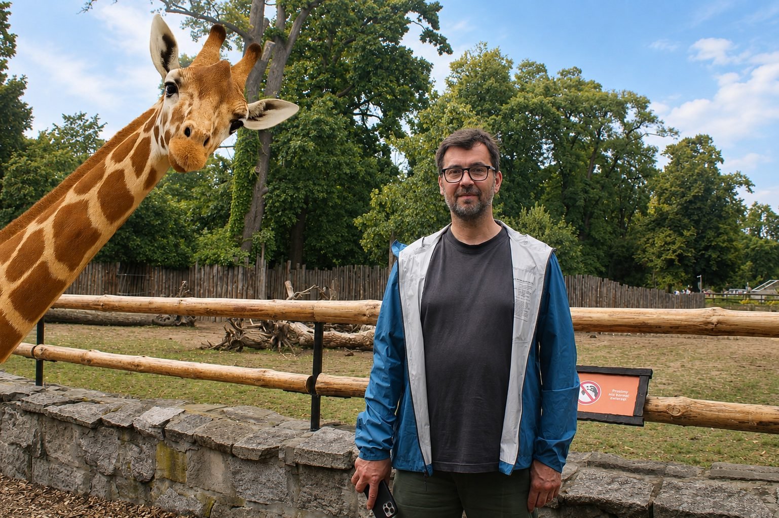 Visitor with an AR giraffe peeking into the frame